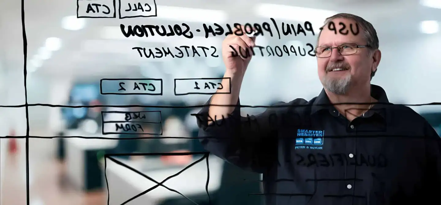 Peter Butler of Smarter Websites mapping out a marketing plan on a glass board