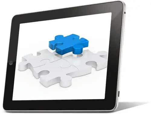 Puzzle pieces on a tablet screen showing the Smarter Websites modular system