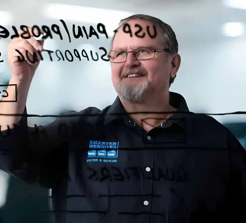 Peter Butler of Smarter Websites mapping out a marketing plan on a glass board