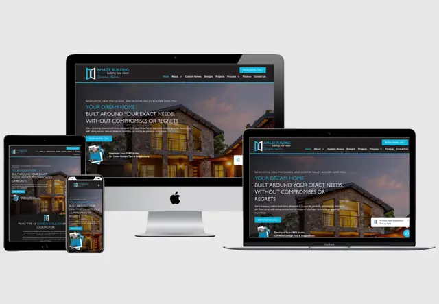 Amaze Building website shown on desktop, laptop, tablet and phone