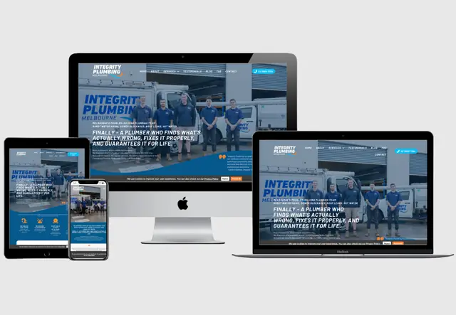 Integrity Plumbing Melbourne website shown on desktop, laptop, tablet and phone