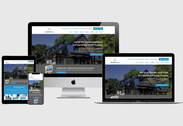 SureBuilt Homes website shown on desktop, laptop, tablet and phone
